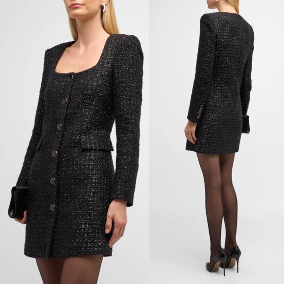 NWOT Veronica Beard Rino Tweed Mini Dress Black Size 2 Button Front Square Neck - Picture 2 of 11